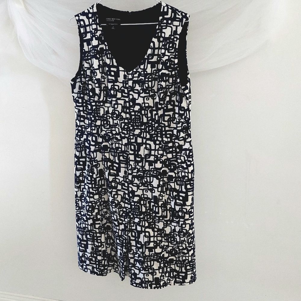 Jones New York Navy White Geometric Sheath Dress 12 Sleeveless Corporate Career